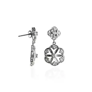Boucles d'oreilles pendantes en argent pour femmes avec fleurs et diamants, boucles d'oreilles pendantes élégantes en diamants - Product Image 3