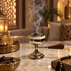 Brûleur à Bakhoor de Luxe en Acier Inoxydable avec Bordure Effet Marbre et Poignée en Bois, Design Arabe Estival - Product Image 2