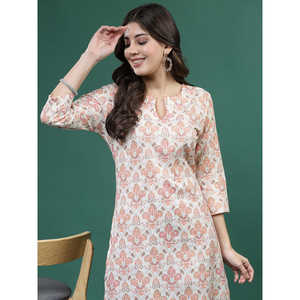 Kurtas droits imprimés blanc cassé pour femmes, hauts modestes - Product Image 3