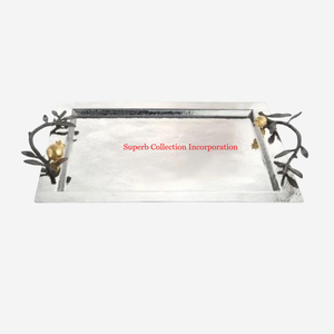 Bandeja de metal de forma ovalada de diseño de lujo con mango de diseño de hojas Bandeja de servicio de metal de calidad superior para suministro de hotel en casa - Product Image 2