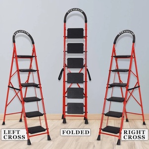 Parasnath Go 6-Step Foldable Steel Red <b>Ladder</b> Stools Heavy-Duty Lightweight Anti-Skid Plastic Steps Safety Handle Home - Product Image 3