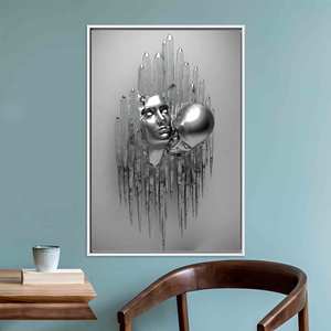 Modern Bedroom Canvas: Printed 3D Silver Hugging Couple Glass Art,WHITE <b>FRAMED</b> CANVAS - Product Image 1