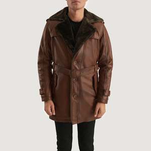 Manteau d'hiver pour homme en cuir marron vieilli avec fourrure, long, à capuche, imperméable, imprimé, garnissage en laine - Product Image 1