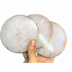 Posavasos de taza de té con borde de oro rosa de cuarzo rosa a granel, artesanías de cristal, piedras naturales, rebanadas de minerales, posavasos de ágata Reiki - Product Image 1