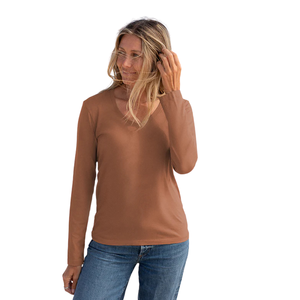 T-shirt à manches longues en cuivre pour femmes, col en V, 100% coton biologique de luxe, pré-rétréci, certifié GOTS, coupe classique, doux et premium - Product Image 3