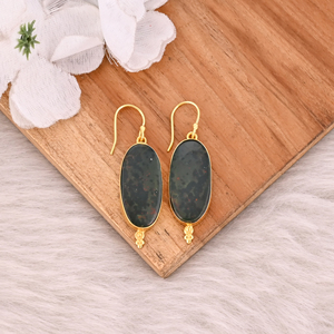 Piedra de sangre Piedra preciosa Diseñador hecho a mano Grandes pendientes ovalados Colgante de Latón chapado en oro amarillo Joyería de moda hecha a mano - Product Image 5