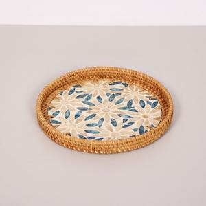 ชุดถาดเสิร์ฟไม้ถูพื้นหวายพร้อมดีไซน์ดอกไม้ชุดถาดสานธรรมชาติทำมือสำหรับชาและของตกแต่งบ้าน - Product Image 4
