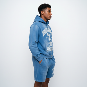 Custom Men s blue Acid Wash zip up Hoodie Shorts Tracksuit <b>Set</b> Graphic Streetwear Heavyweight OEM Private Label B2B Manufacture - Product Image 2