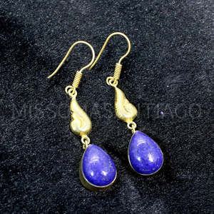 Boucles d'oreilles en laiton fin avec pierre Lapis Lazuli 18x13mm - Product Image 2