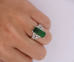 Anillo de filigrana Vintage de turmalina y diamantes de indicolita de platino, anillo Vintage de turmalina verde alargado para mujer - Product Image 5
