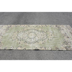 Alfombra turca vintage de 4,1x9,8 pies, diseño de retazos de tejido plano de lana verde y beige para decoración para sala de estar, pasillo con respaldo de látex - Product Image 3