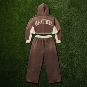 Conjunto de sudadera con capucha para mujer, pantalones deportivos de pierna ancha, chándal marrón, chándal de algodón con efecto lavado ácido, sudadera con capucha corta, conjunto de ropa urbana oversize - Product Image 5