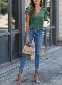 Blusas de punto casuales elegantes para mujer-blusas de camisetas acanaladas de color sólido con manga con volantes - Product Image 4