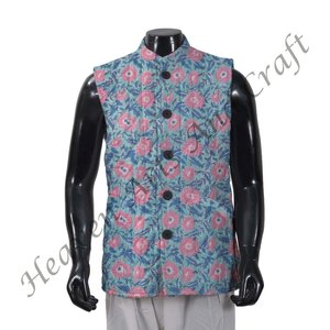 Indian Hand Block Printed Floral Quilted Jacket For Men's All Seasons Casual Button Decoration Style Block Print Cotton Jacket - Product Image 3