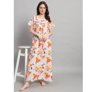 Camisón de Encaje 100% Algodón para Mujer, Mangas Medias, Largo Completo, Tela Transpirable, Cuello con Estampado Floral, Elegante, Primavera Otoño - Product Image 1