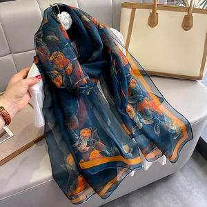 Summer Long Large Polyester Chiffon Printed <b>Shawls</b> Elegant Navy Flower Pattern Soft Yarn Scarf for <b>Women</b> Beach Scarves - Product Image 1