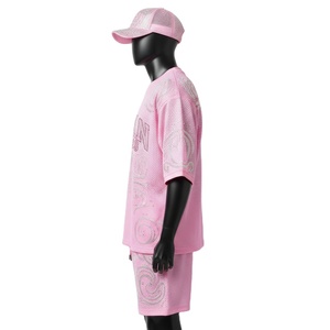 men's <b>set</b> Premium Polyester Mesh Men Short <b>Set</b> GSM Breathable Pink Sportswear Rhinestone Heat Transfer Custom Logo - Product Image 5