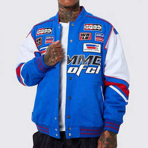 Nueva chaqueta de moto de cuero con estampado retro de color azul OEM, chaqueta de carreras de cuero con parche de logotipo OEM para hombre - Product Image 1