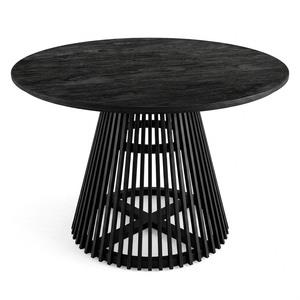 Modern Black Wood <b>Round</b> Coffee <b>Table</b> Slatted Tapered Cage Base Wooden Center Side <b>Table</b> <b>Patio</b> Living Room Setup Art Design - Product Image 1
