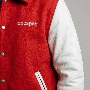 Premium <b>Red</b> White Letterman Jacket Woolen Body Leather Sleeves Rib Knit Collar Cuffs Snap Front Custom Logo Streetwear Outerwear - Product Image 4