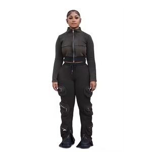 Poches latérales nouvelle mode pantalons de survêtement femmes Flare fermeture éclair bas femmes culture fermeture éclair à capuche femmes Cargo pantalon - Product Image 3