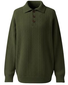 Manufacturer Custom Mens Vertical <b>Cable</b> <b>Knit</b> Polo <b>Sweater</b> Long Sleeve Button Neck Warm Winter Pullover Top In Green - Product Image 1