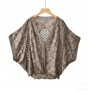 Triveers Cardigan de plage d'été pour femme, col en V, manches chauve-souris, tricoté, dentelle florale brodée, ajouré, 2026 - Product Image 6