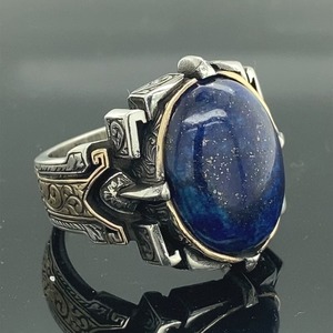 Bague vintage pour homme en argent sterling 925 taillée à la main avec pierre naturelle de lapis-lazuli bijoux en perles et diamants éblouissants - Product Image 5