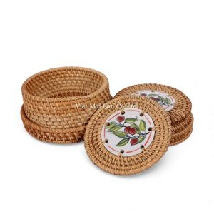 Natural Rattan <b>Coaster</b> Set With Matching Tray Handmade For Coffee Tea Serving And <b>Table</b> Organization - Product Image 4