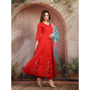 Conjunto Anarkali Rojo Bordado a Mano para Mujer con Dupatta de Georgette, Estilo Pakistaní, Vestido Indio para Festivales - Product Image 3