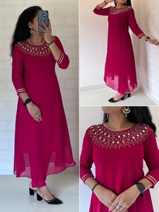 Blusa de Verano con Mangas de Diseño, Estilo Recto, en Tela Georgette con Bordado Floral en la Parte Superior e Inferior, Adorno de Gota Patti Hecho a Mano, Estilo Dulce y Natural - Product Image 6