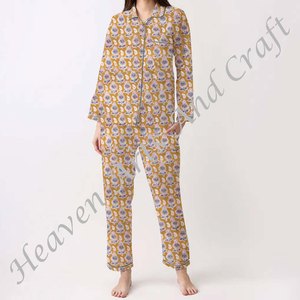 Ensemble de pyjama pour femmes 100% coton, vêtements de maison doux, ensemble de pyjama printemps/été, motif floral/CHARACTERE/Lettre/Motif/Vacances/Arbre, PJ028 - Product Image 2