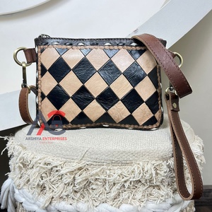 2025 Trending Tan & Black Checkered Pattern <b>Hand</b> Tooled Leather Crossbody Bag Western Purse <b>Mini</b> Shoulder Handbag for Women's - Product Image 1