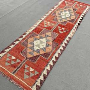 Turkish <b>Runner</b> Rug 2.5x8.5 ft, <b>Red</b> Gray Oriental Rug Wool - Product Image 2