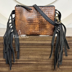 Mini bolso cruzado con cremallera y diseño de cocodrilo de cuero de vaca genuino de un solo hombro a la moda, bolsos con flecos para mujer de alta calidad - Product Image 1