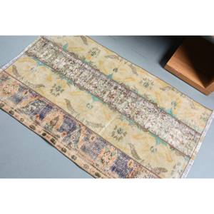 Tapis en laine turque vintage de 2.8x4,6 pieds, tissage plat patchwork beige et bleu pour décorations de salon avec support en latex - Product Image 4