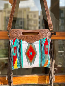 Bolso de hombro de cuero con flecos de tela azteca auténtica hecho a mano bohemio bolso de compras oculto de cuero genuino superventas - Product Image 5