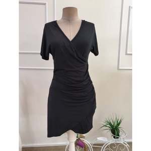 Robe courte en viscose à manches courtes et col enroulé pour femme avec détail asymétrique sur le devant, 35755 - Noir - Product Image 4