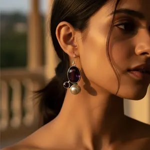 Pendientes Largos Vintage de Plata 925 para Mujer con Charoita y Perla, Baño de Oro de 18K, Piedra Principal de Diamante, para Bodas - Product Image 1