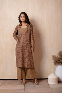 DHOOP CHAAV marron coton bloc à la main 3 pièces ensemble décontracté imprimé fleuri robe pour adolescents taille naturelle organza creux - Product Image 6