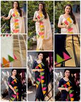 Saree à tisser en soie douce pure avec bordure de contraste de travail en fil d'or pur avec chemisier en brocart Saree de fête traditionnelle