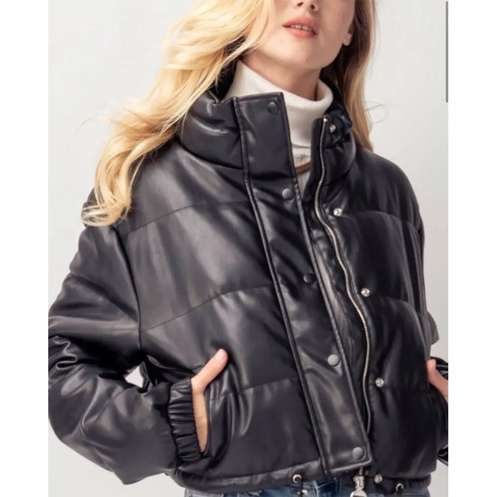 Women's Black Leather Puffer Jacket, New Quilted Style Brown Cropped Puffer Leather Jacket