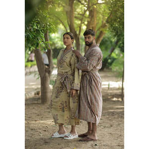 Men's Lightweight Cotton Bathrobe with Pockets Striped Long Lounge <b>Robe</b> Comfortable Breathable for Spa Resort <b>Beach</b> One Size - Product Image 5
