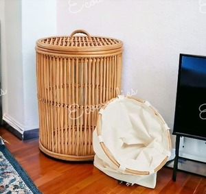 Unique Round Natural Rattan Laundry <b>Basket</b> With Lid Bambo and Rattan Storage <b>Basket</b> <b>for</b> Home Decoration - Product Image 2