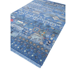 Tapis Manchaha bleu noué à la main en laine et soie de bambou, épaisseur 10 mm, motif abstrait rectangulaire pour la maison, le couloir, modèle Les-2591 - Product Image 2