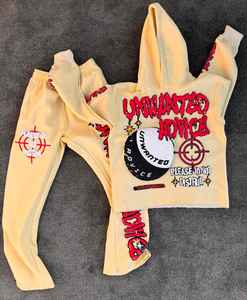 Conjunto de Sudadera con Capucha y Pantalones Deportivos de Diseño Personalizado, Estilo Urbano, 500 g/m², Gruesos, Desgastados, con Parches, para Hombre - Product Image 6