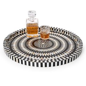 Plateau rond de style moderne avec incrustation de nacre et mosaïque florale turquoise, plateau de service décoratif pour table basse - Product Image 5