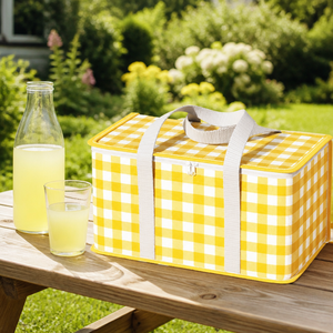 Bolsa de picnic aislada de tela a cuadros amarilla y blanca, bolsa térmica de gran capacidad para acampar en la playa - Product Image 3