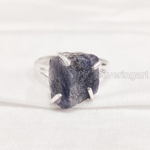 Joyería de piedra en bruto, anillo para mujer, piedra preciosa de zafiro azul crudo Natural, piedra natal de septiembre, anillo bohemio para fiesta, anillo de Plata de Ley 925 - Product Image 4