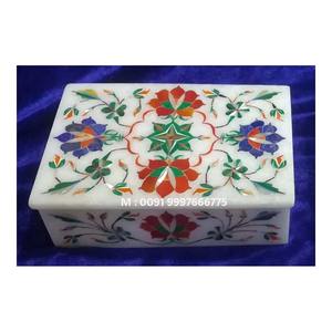 Boîte de rangement à bijoux en marbre blanc avec incrustations de fleurs colorées, de forme rectangulaire, fabriquée à la main, pour cadeau de mariage - Product Image 1